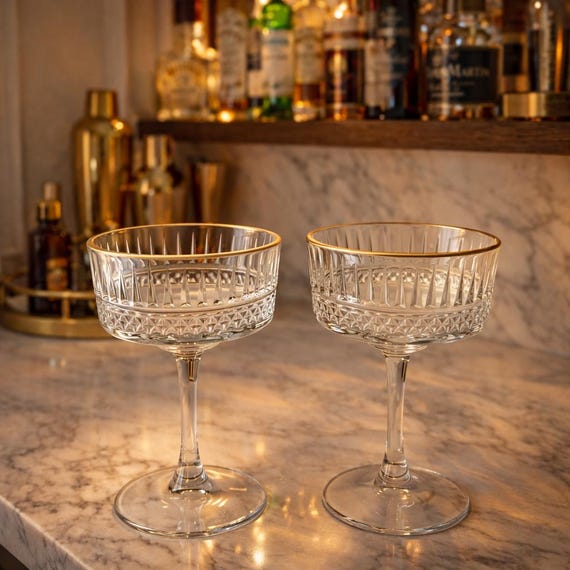 Kristall Vintage Gläser, Goldrand Vintage Coupé Gläser, Stielgläser, klare Cocktailgläser, Barzubehör, Glaswaren, Hochzeitsfeier, Brautjungfer