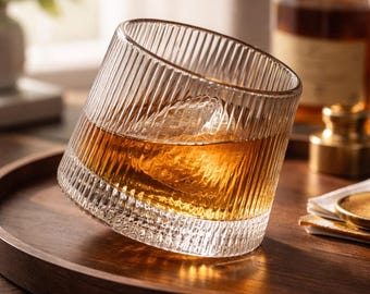Spinning Whiskey Glass, Striped cut, Clear Scotch Glassware, stemless Barware, rotating cocktail Glass, Groomsman Gift, Swivel Tumblers,