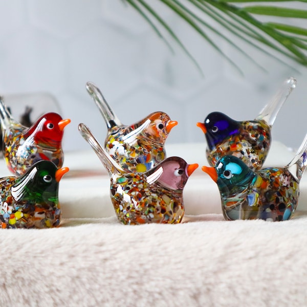 Miniature murano glass birds, tiny sparrow, colorful birds, little bird sculpture, bird collection, decorative cute birds, office desk decor