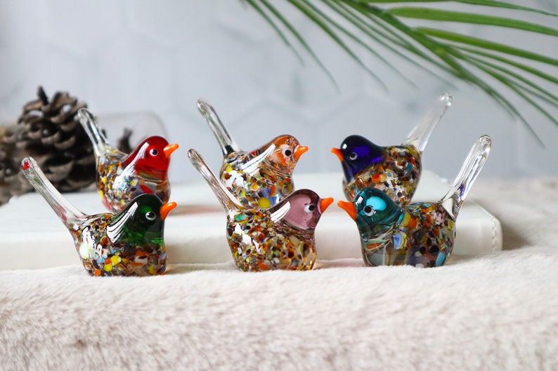 Miniature murano glass birds, tiny sparrow, colorful birds, little bird sculpture, bird collection, decorative cute birds, office desk decor image 1