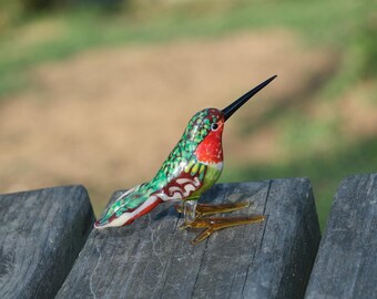 Hummingbird Glass Miniature, Murano Glass Green Bird, Lampwork