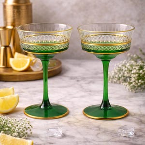 Cut glass Vintage cocktail Glasses, Vintage Coupe Glasess, Green Cocktail Glass, barware, glassware set, wedding party,
