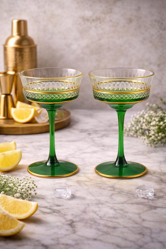 Geschliffenes Glas Vintage Cocktailgläser, Vintage Coupé Gläser, grünes Cocktailglas, Barware, Glasset, Hochzeitsfeier,