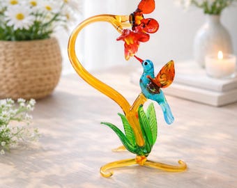 C'est La Vie 花と鳥のガラス装飾品　ガラスバロンブルーハチドリと花 ガラスの鳥、手吹きガラスのハチドリの置物、ガラスの鳥の飾り、アート