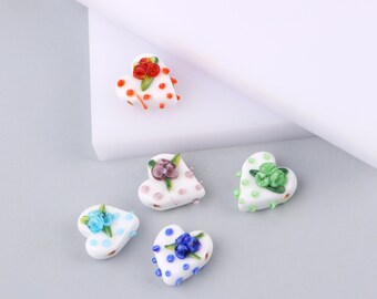 Heart Flower Glass Bead, Lampwork Murano Heart Charm, Floral Handmade Bead, Romantic Jewelry Supply, Valentine Gift Bead