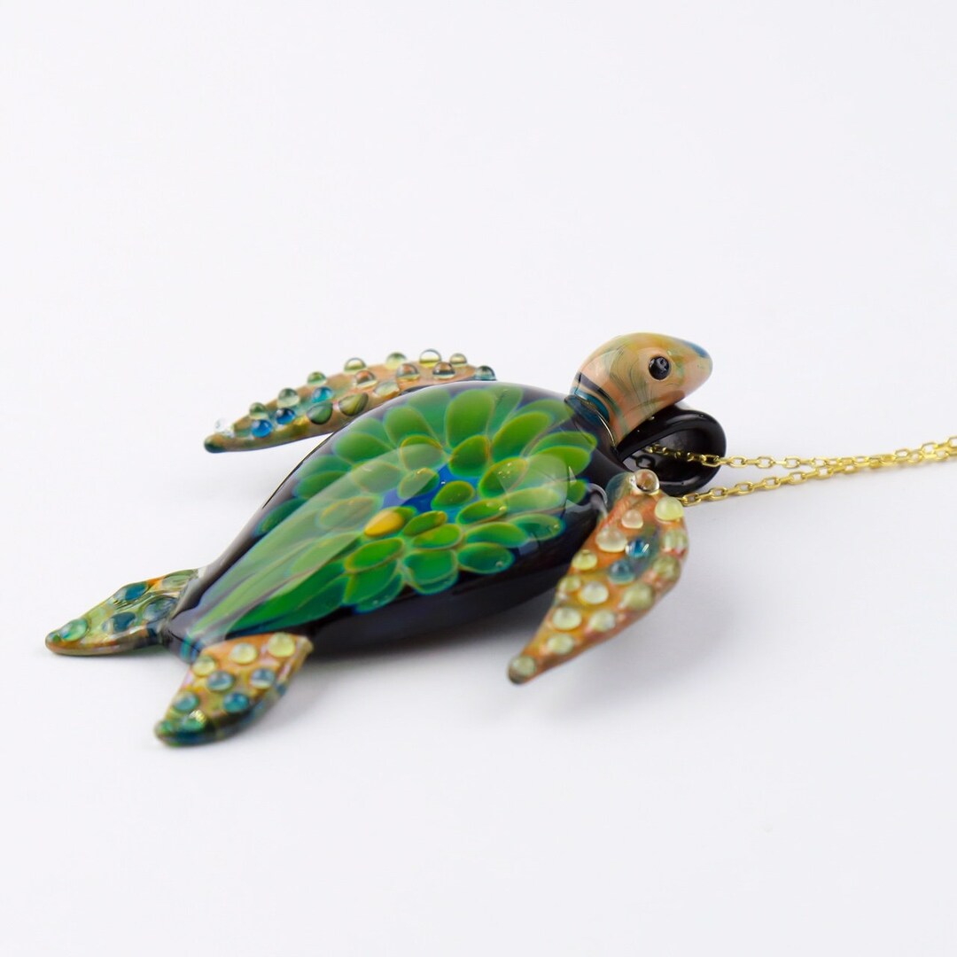 Hand Blown Glass Turtle Pendant, Glass Art Necklace, Sea Turtle Jewelry, Lampwork, Beach Themed