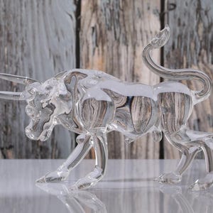 Clear glass spanish Bull Sculpture, house home animal statue, Murano Glass, bull collection, Rodeo Tournaments,  office desk decor, gift dad