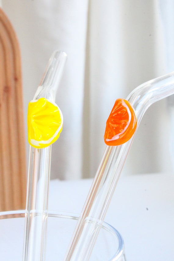 Glas Frucht-Smoothie-Stroh, Cocktailstroh, umweltfreundlicher wiederverwendbarer Strohhalm, Bubble Tea-Trinkhalm, Wassermelone, Aprikose, Erdbeere, Zitrone,