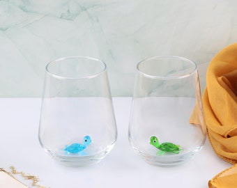 Stemless glasses inside sea turtle, ocean glass mug, hidden animal in cup, beach wine glass, glassware, Gift for Turtle Lover, housewarming