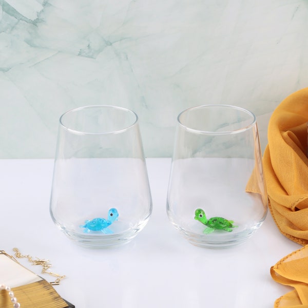 Stemless glasses inside sea turtle, ocean glass mug, hidden animal in cup, beach wine glass, glassware, Gift for Turtle Lover, housewarming