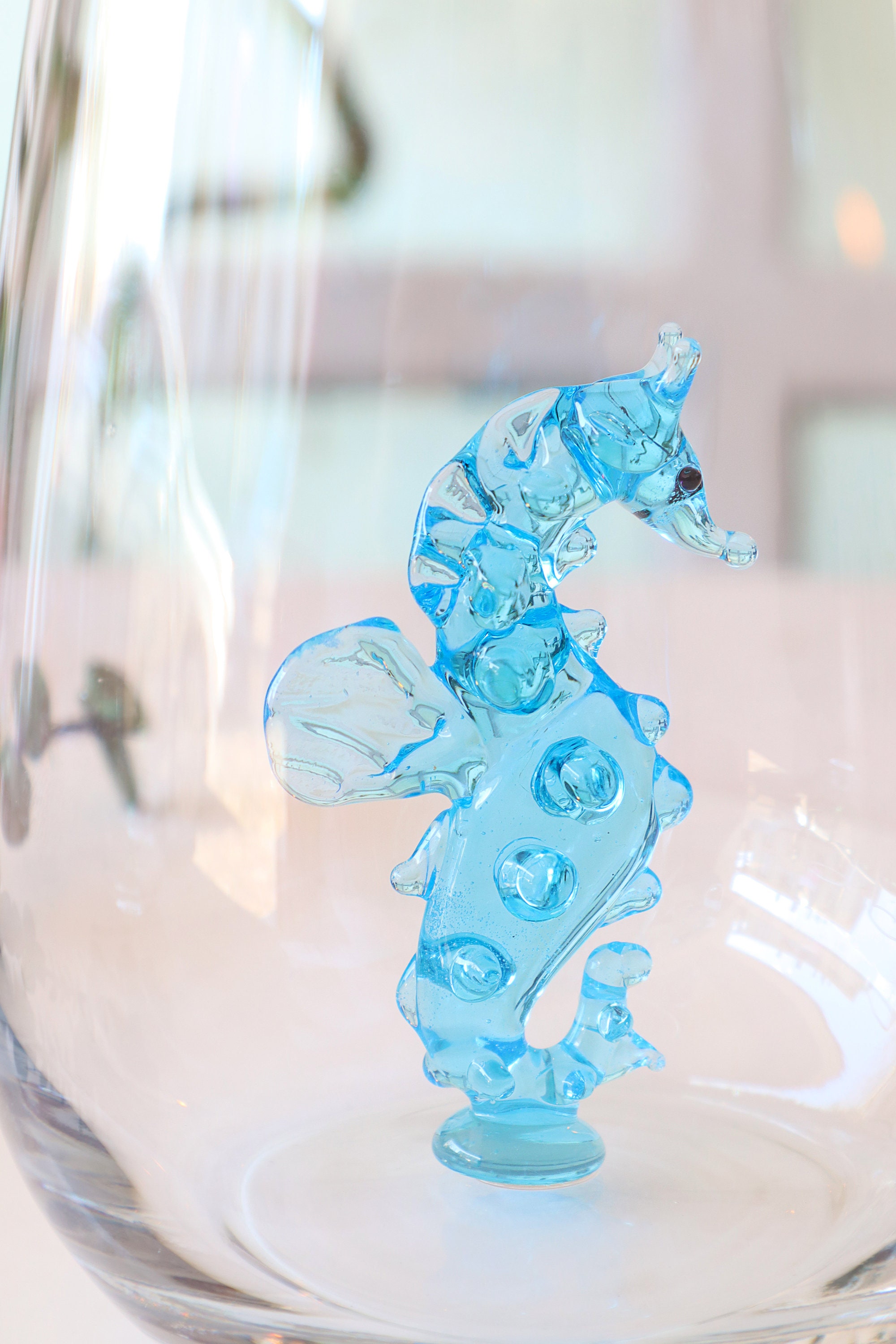 タツノオトシゴと貝殻 ヴィンテージ ステンドグラス 青 グラス