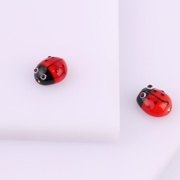 Murano Glass Ladybug spacer Bead, Lampwork red animal earring, insect jewelry, bracelet supplies, Good Luck Charm, drilled ladybird Charm,
