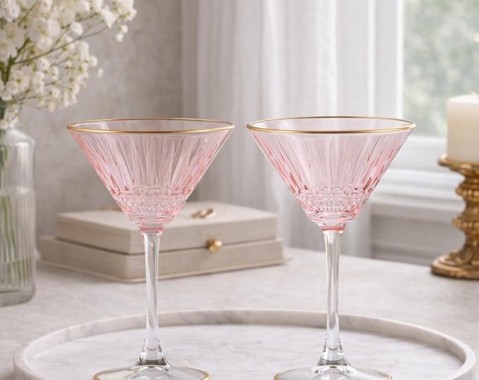 Art Deco Cocktail Glasses, Vintage Martini Set, Pink Margarita Glass, glassware set, pink barware, Wedding, Bridesmaid