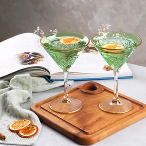 Colored Textured Cocktail Glasses, Gold Rimmed Vintage Martini Set, Green Martini Glasses With Clear Stems , barware, glassware, bridesmaid