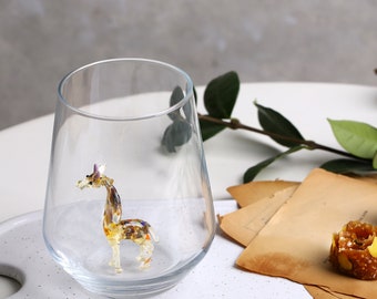 Giraffe Glass Cup, Handmade Animal Drinking Glass, Cute Safari Gift, Stemless Wine Glass, Unique Glassware, water glass