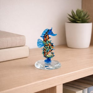 Handmade Glass Seahorse Figurine with Evil Eye Details, Lampwork Coastal Ocean Decor, Colorful Marine Life Art Gift