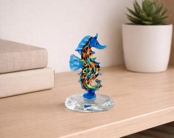 Handmade Glass Seahorse Figurine with Evil Eye Details, Lampwork Coastal Ocean Decor, Colorful Marine Life Art Gift