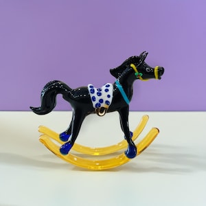 Rocking Black Horse glass figurine, lampwork animal toy, blown glass horse statue, horse birthday, baby shower gift, desk decor housewarming