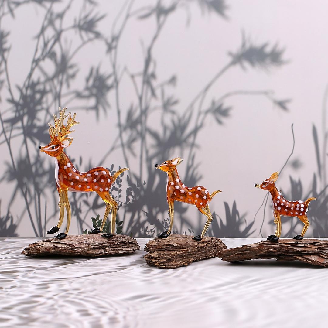 Axis Deer Glass Sculpture Set, Spotted Deer Figurines, Blown Xmas