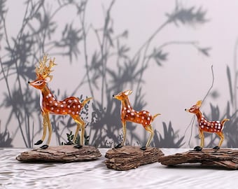 Axis Deer Glass Sculpture Set, Spotted Deer Figurines, Blown Xmas