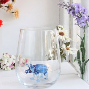 Handmade drinking glass with pig figure, stemless wine glass, water glass, pig cup, glass mug, glassware, swine, tiny glass pig, table decor Single- Blue