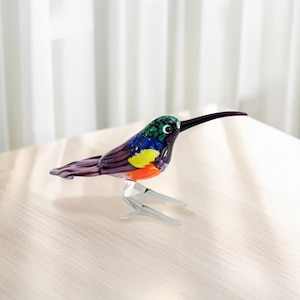 Hummingbird glass miniature, Murano glass bird, lampwork bird statue, art glass figurine, tabletop colorful bird, home office desk animal