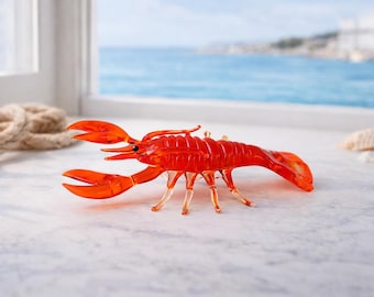 Glass Red Lobster Sculpture, Hand Blown Sea Animals, Lampwork Sea