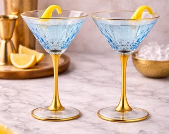 Cocktail Glasses with stem,  Vintage Martini Set, cut crystal, blue barware, Wedding glasses, Bridesmaid gift, margarita