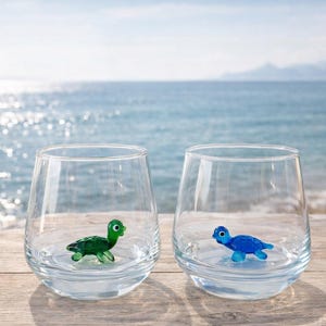 Stemless glass sea turtle, ocean glass mug, hidden animal cup, beach wine glass, nautical glassware, Tortoise Gift, sea life decor