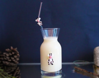 Milk bottle with glass straw, Funny drink glass, cow mug, milk drink glass, carafe, glassware, funny animal cup, baby shower party, farm cup