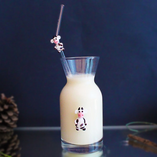 Milk bottle with glass straw, Funny drink glass, cow mug, milk drink glass, carafe, glassware, funny animal cup, baby shower party, farm cup