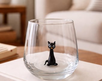 Cute drink glass with glass cat, witchy black cat glass cup, water cup, halloween mug, funny cat gift, handmade glassware, spooky season