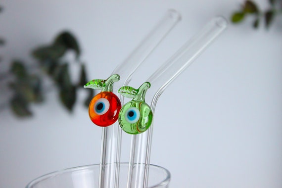 Blown Glass Straw Set, Smoothie Straw ,cocktail Party ,bar Accessories,  Evil Eye, Reusable Straws, Glass Drinking Straws, Eco Friendly Gift, 