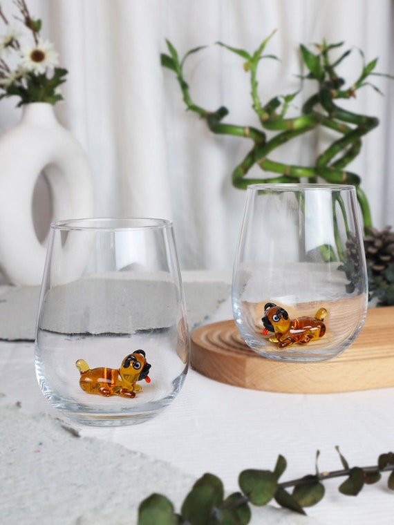 Cute drink glass with glass pug, dog glass cup, water cup, Pug mug,  glassware, tiny pug cup, handmade dog, drinkware, animal love, wine