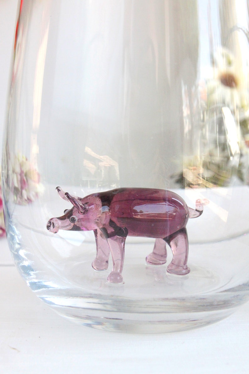 Handmade drinking glass with pig figure, stemless wine glass, water glass, pig cup, glass mug, glassware, swine, tiny glass pig, table decor image 5