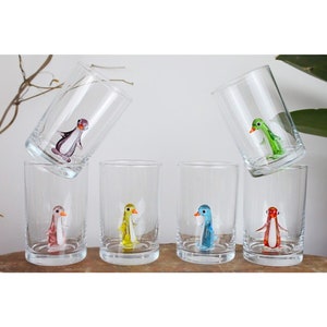 Penguin shot glasses, animal shot glass, cute penguin in glass mug, wedding barware, bachelorette party, cocktail glass, small glass cup,