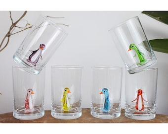 Penguin shot glasses, animal shot glass, cute penguin in glass mug, wedding barware, bachelorette party, cocktail glass, small glass cup,