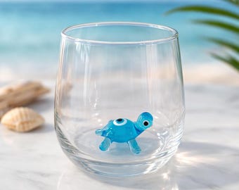 Blue Turtle Glass Tumbler, Sea Turtle Drinking Glass, Ocean Lover Gift, water glass with evil eye, Cute Animal Glass, Beach House Decor