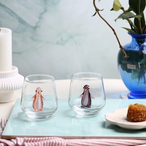 Penguin shot glasses, animal shot glass, cute penguin in glass mug, wedding barware, bachelorette party, cocktail glass, small glass cup,