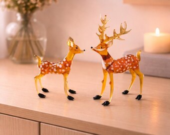 Axis Deer Glass Sculpture Set, Spotted Deer Figurines, Blown Xmas