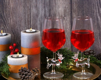 Wine glasses set with reindeer, glassware, red wine glass, white wine glass, cocktail glass, holiday wine glasses, barware, deer decor,