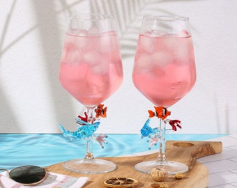 Fish Design wine glasses, Underwater - Nautical Theme , ocean decor, red wine glass, shark decor,  cocktail, beach glasses with fish figure