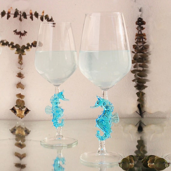 Set Of 5 Heavy Wine Glasses Beach/Ocean Blue Glass, White Paint, Green Stem