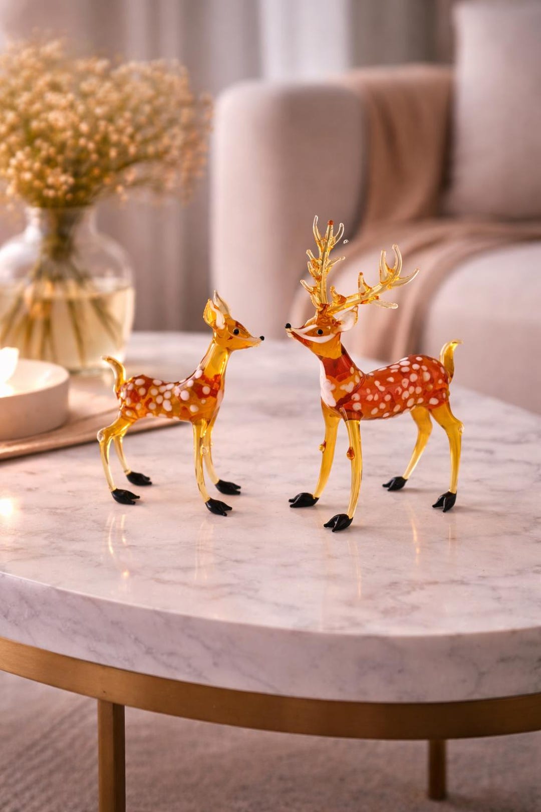 Axis Deer Glass Sculpture Set, Spotted Deer Figurines, Blown Xmas