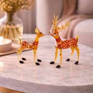 Ensemble de sculptures en verre Axis Deer, figurines de cerfs tachetés, statue de cerf de Noël soufflée, décor animalier de vacances, décor de cerf au chalumeau, ornement d'hiver,