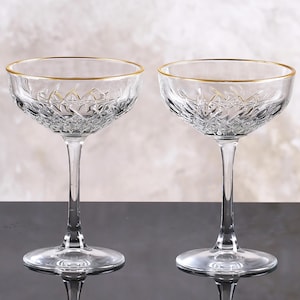 Colored Art Deco Cocktail Glasses, Gold Rimmed Vintage Coupe Glasess, Clear Champagne Glass, barware, glassware set, toasting glasses