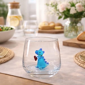 Glass cup Dinosaur with heart , funny stemless wine glass, baby dino mug, water glass, Dinosaur Baby Shower, Dino Birthday Party, Single- Blue