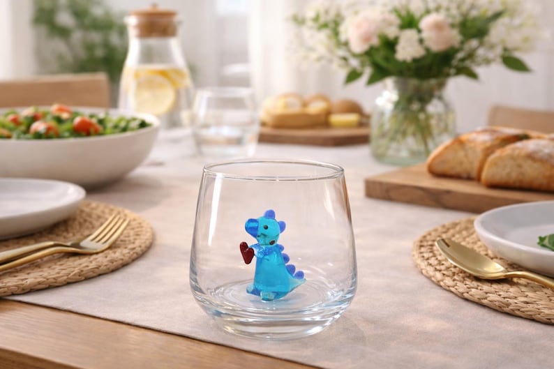 Glass cup Dinosaur with heart , funny stemless wine glass, baby dino mug, water glass, Dinosaur Baby Shower, Dino Birthday Party, Single- Blue