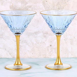 Colored Cocktail Glasses gold stem, Gold Rimmed Vintage Martini Set, cut crystal, blue barware, Wedding glasses, Bridesmaid gift, margarita