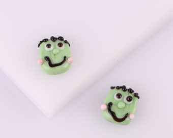 Murano Glass Zombie beads, Lampwork Fall Halloween Bead, spooky season charm, Monster bead, DIY jewelry making spacer bead, Frankenstein